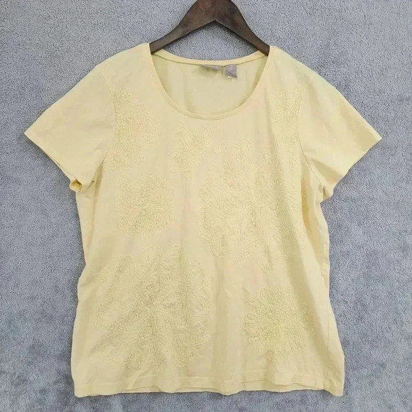 Chico's Women's T Shirt Size 2/L Short sleeve Floral Embroidered  Sequins - Picture 1 of 7